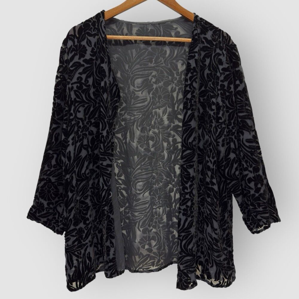 Vintage Velvet Burnout Button Up Womens XL Cardigan 3/4 Sleeve Sheer Goth Witchy